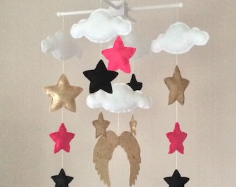 Baby mobile - Baby girl mobile - Cot mobile - Star mobile - Cloud Mobile - Nursery Decor - Clouds and stars and angel wings.