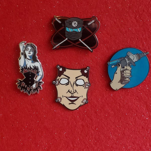 Repo the Genetic Opera enamel pin, horror movie pin, goth lapel pin, movie musical enamel pin, zydrate gun, Halloween pins
