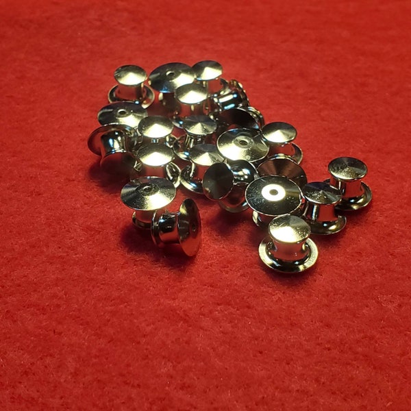 Locking Pin Backs | Packs of 1, 2, 5, 10 or 25.  Pin keepers; silver pin backs; pin back sets; locking back; secure backs; secure backings