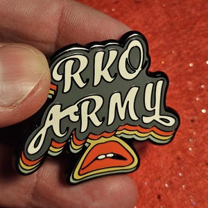 Rocky Horror cast enamel pin; lips lapel broach; ita bag pin; RKO Army; RHPS button; science fiction double feature; glitter pin