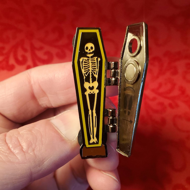 Rocky Horror Coffin Hard Enamel Pin coffin jewelry coffin pin casket pin hinged spinner pin halloween skeleton lapel pin gothic broach image 2