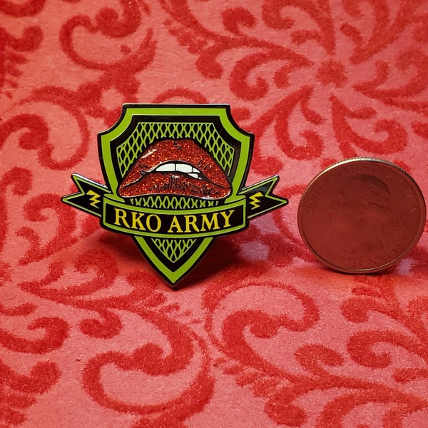 Rocky Horror cast enamel pin; lips lapel broach; ita bag pin; RKO Army; RHPS button; science fiction double feature; glitter pin