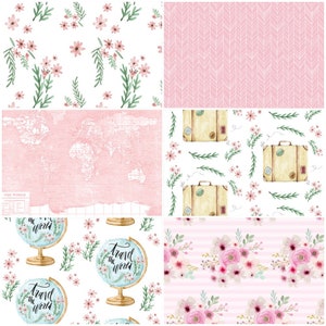 May include: A digital paper pack with 10 different patterns featuring a travel theme. The patterns include a world map, suitcases, globes, flowers, and stripes in pink and white.