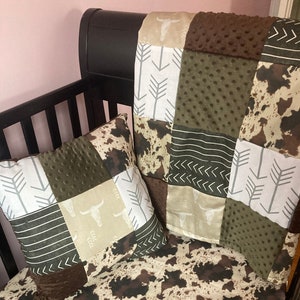 Western Baby Bedding Set in green, tan brown, Boho Western Nursery, Neutral Baby Bedding, Aztec, arrows, cowhide designs, Made to Order