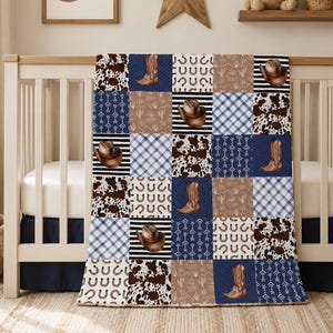 Cowboy Baby Blanket, Western Minky, Cowhide, Boots, Hat, Nursery Decor