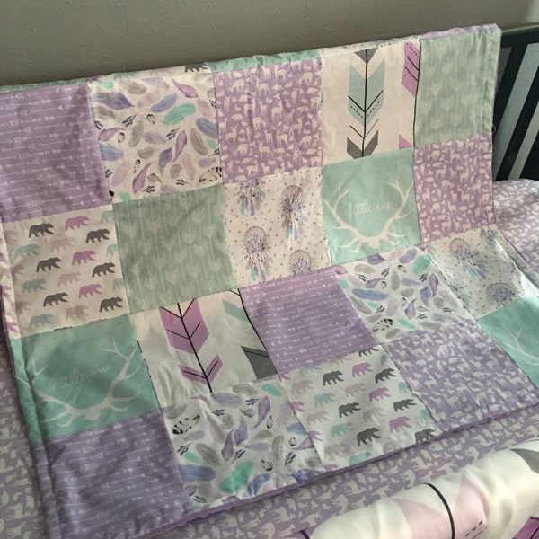 Custom Made to Order Baby Girl Bedding in Purple, Mint and Gray with a woodland boho theme with deer, bears, dream catchers and arrows