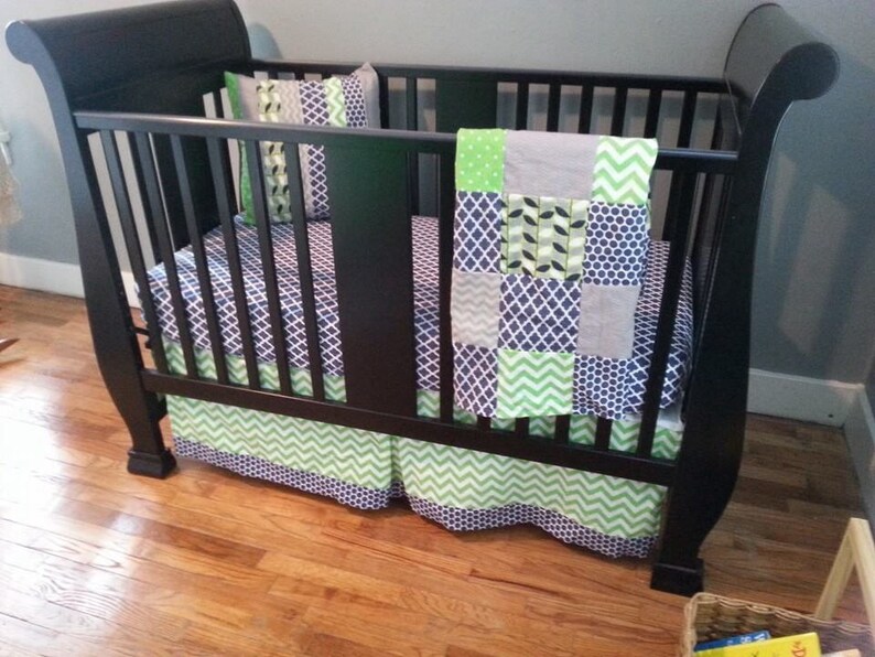 Crib Bedding Set Navy Blue And Lime Green Crib Skirt Fitted Etsy