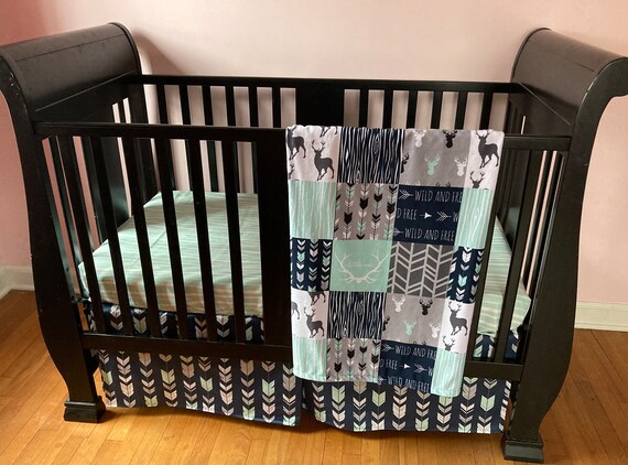 Navy and mint woodland crib bedding cheap