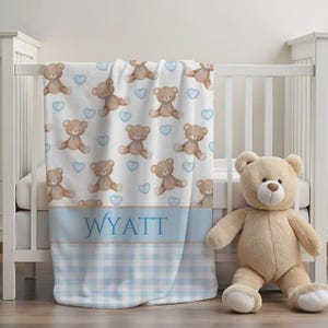 Copertina orsetto per neonato, copertina con nome, cameretta orsetto, regalo per baby shower, orsetto blu, copertina personalizzata per neonato