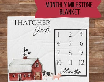 Minky Milestone Blanket, Farm Blanket, Baby Blanket, Month Blanket for Baby Boy, Personalized Baby Blanket, Farmer Monthly Growth Blanket