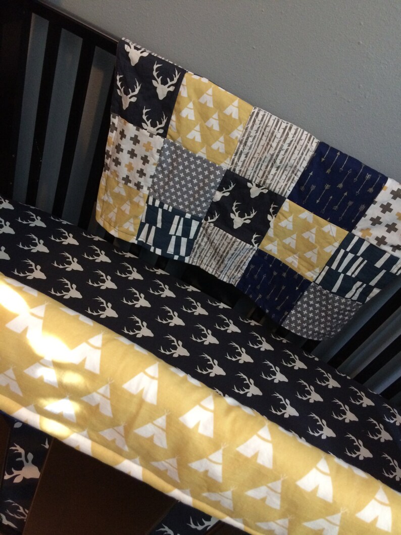 navy mustard yellow Custom made to order baby bedding Woodland set