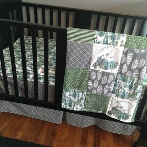 Adventure Awaits Baby Boy Bedding in Green Gray With a Nature