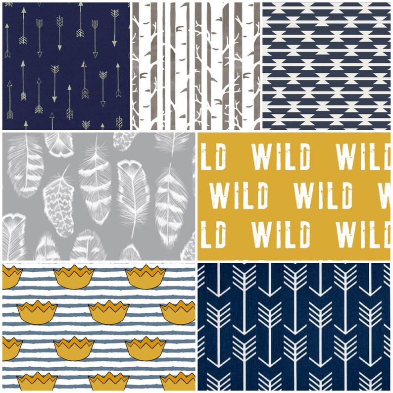 Custom Crib Bedding Set Made To Order Woodland Navy Mint Mustard Yellow Where The Wild Things Are Theme