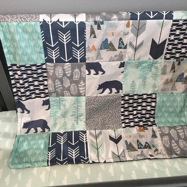 Custom Made to Order Baby Blanket in navy, gray and mint with a woodland theme including adventure awaits, mountains, arrows and trees