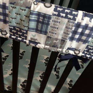 Baby Boy Custom Crib Bedding Set, Made to Order, farm theme featuring navy, mint and gray designs with tractors, farm animals, plaid image 2