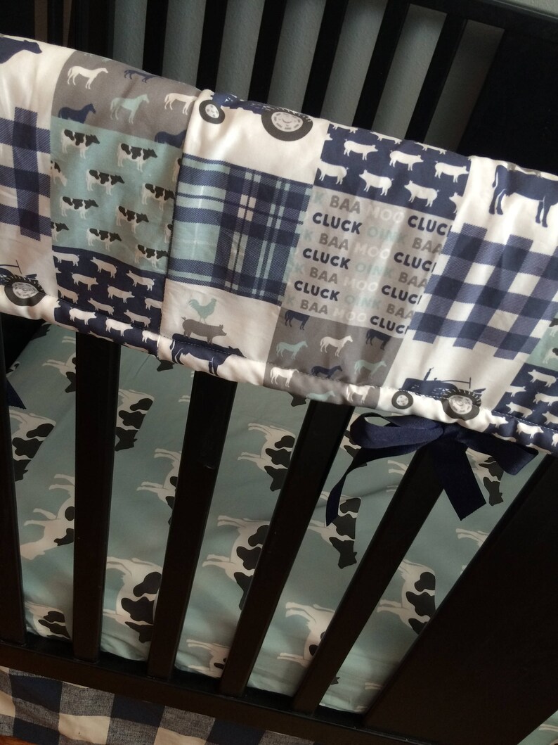 Baby Boy Custom Crib Bedding Set, Made to Order, farm theme featuring navy, mint and gray designs with tractors, farm animals, plaid image 2