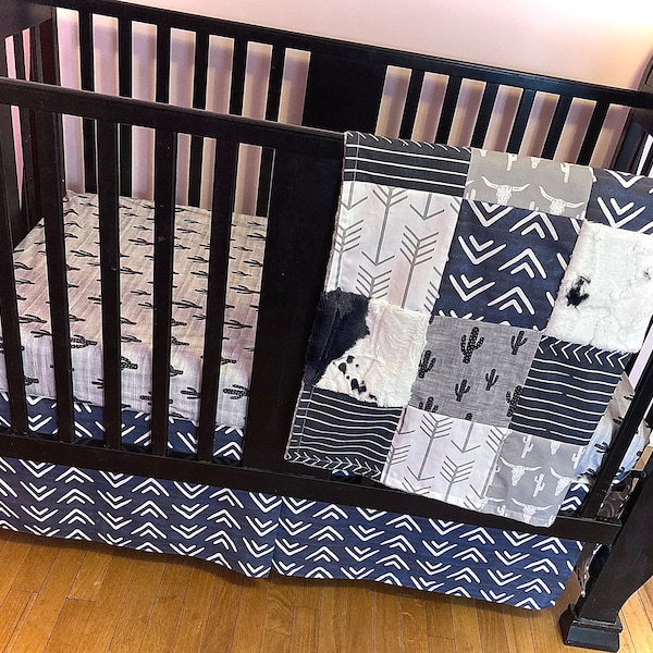 Boho Baby Boy Bedding in gray and navy blue, boy crib bedding, western nursery, nursery decor, boho western, cowhide, cow, arrows, mud cloth