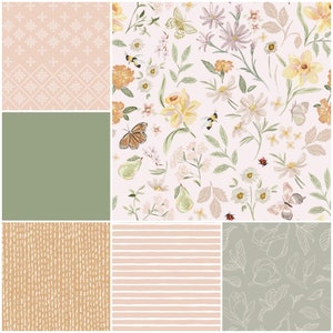 Wild Flower Baby Bedding, pink, sage green and golden yellow, baby girl nursery, flower nursery, baby shower gift, baby girl crib bedding