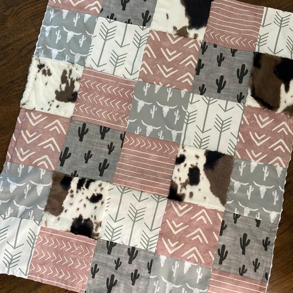 Western Baby Girl Crib Bedding Set in gray and pink with cactus, cowhide, cowgirl and arrow fabrics, baby shower gift, baby girl nursery