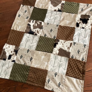 Cactus Baby Bedding in green, brown, tan, Western Nursery, Cowboy Crib Bedding Set in earth tone colors, patchwork baby blanket