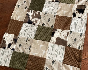 Cactus Baby Bedding in green, brown, tan, Western Nursery, Cowboy Crib Bedding Set in earth tone colors, patchwork baby blanket