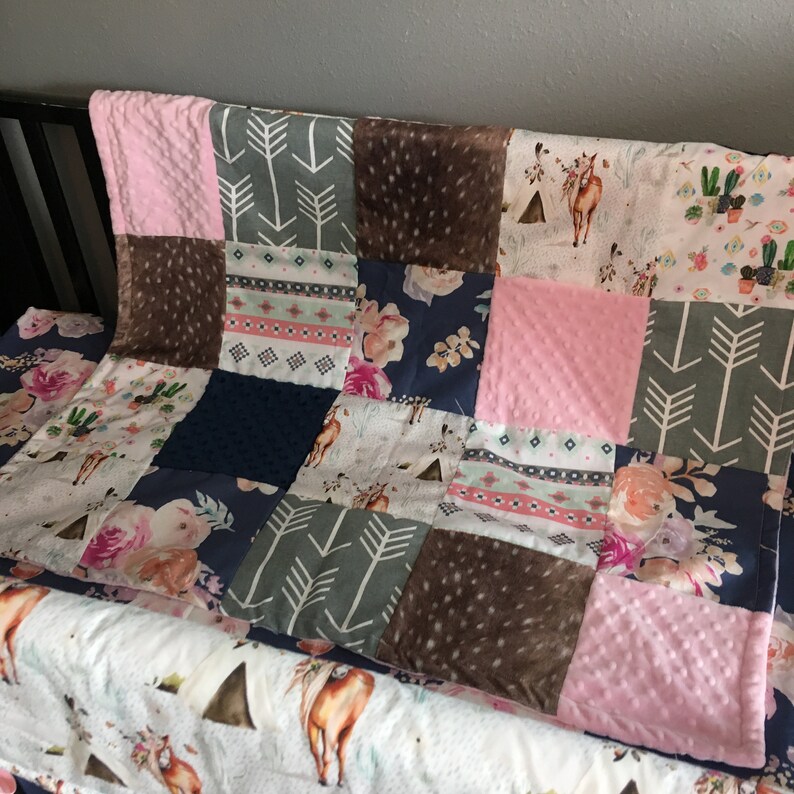 Custom Baby blanket Patchwork quilt assorted prints buck deer antlers Mint peach coral Grey wminky backing nursery bedding Boy Girl Unisex