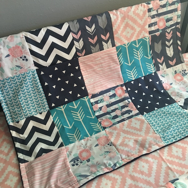 Made to Order Baby Girl Bedding Set in pink, baby blue and turquoise with a modern boho theme, flowers, arrows, Aztec fabrics