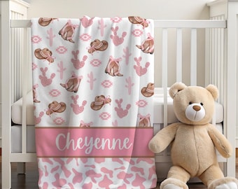 Cowgirl Baby Blanket, Baby Girl Western Nursery, Cowgirl hat and boots, pink cactus, Personalized Blanket, Baby Blanket with Name, cowhide
