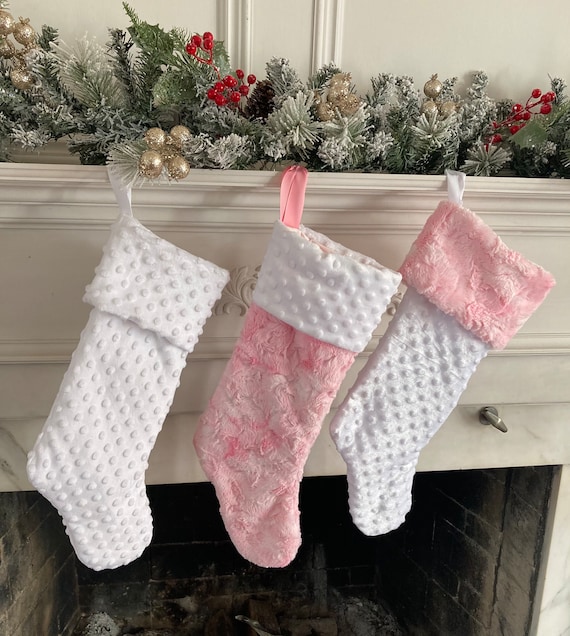 Christmas Stocking in Solid White Minky Dot and Pink Minky Faux