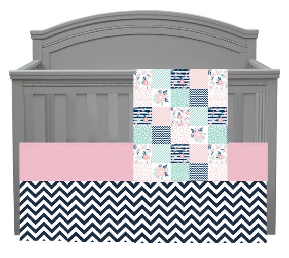 Baby Girl Crib Bedding Set in Pink, Mint and Navy With a Modern