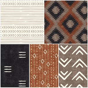 May include: A set of six fabric swatches featuring different geometric patterns in shades of brown, white, and black. The patterns include stripes, arrows, diamonds, and zigzags.