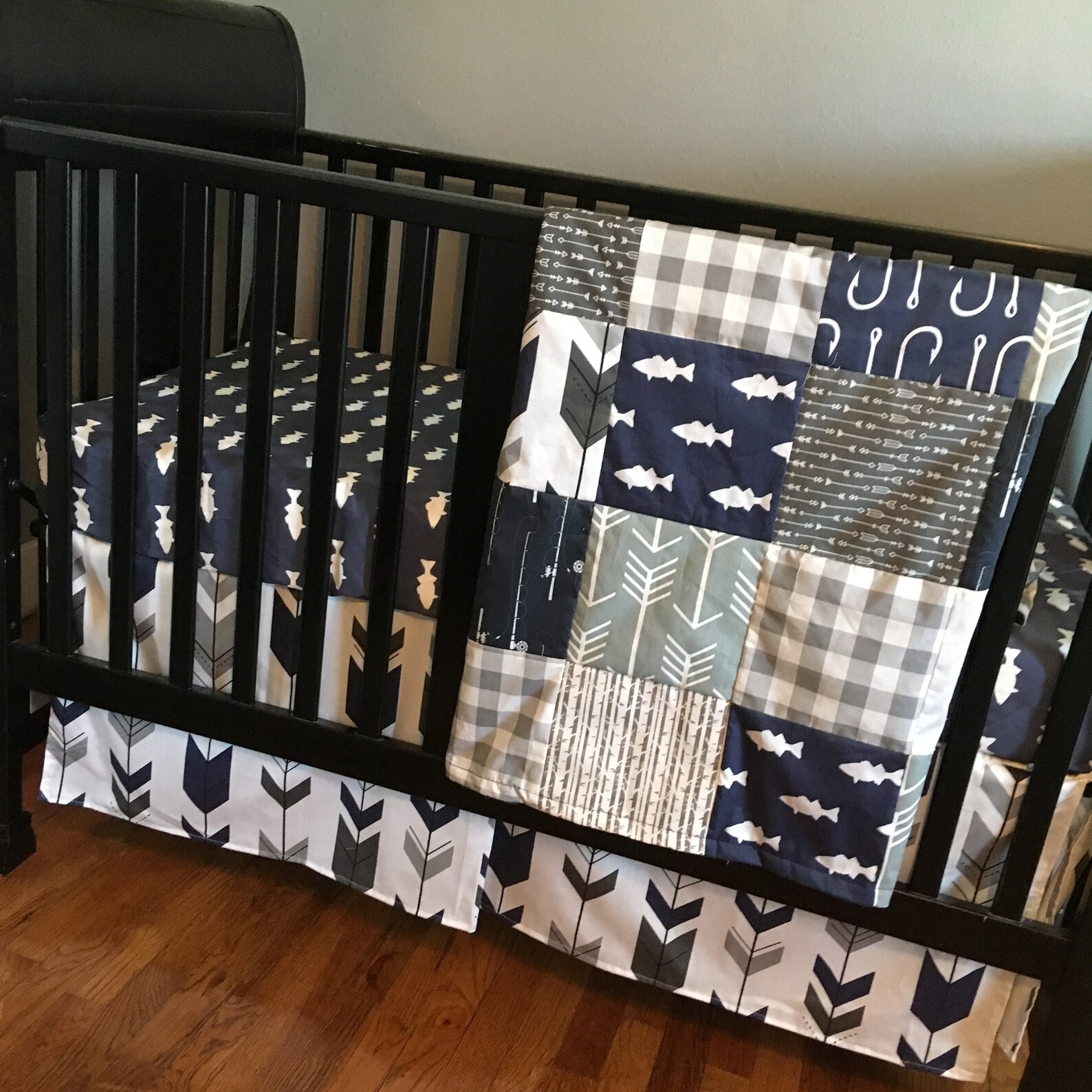 Custom Crib Bedding Set, Made to Order Nursery Baby Set, in Gray, Nav