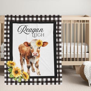 Personalized Baby Girl Blanket, Cow Name Blanket, Farm Nursery, Baby Shower Gift, Black and white plaid, calf, sunflowers, Crib Bedding Set
