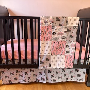 Made to Order Baby Girl Super Hero Crib Bedding in Pink, Gray and White with superhero print stripes including masks, city sky scene