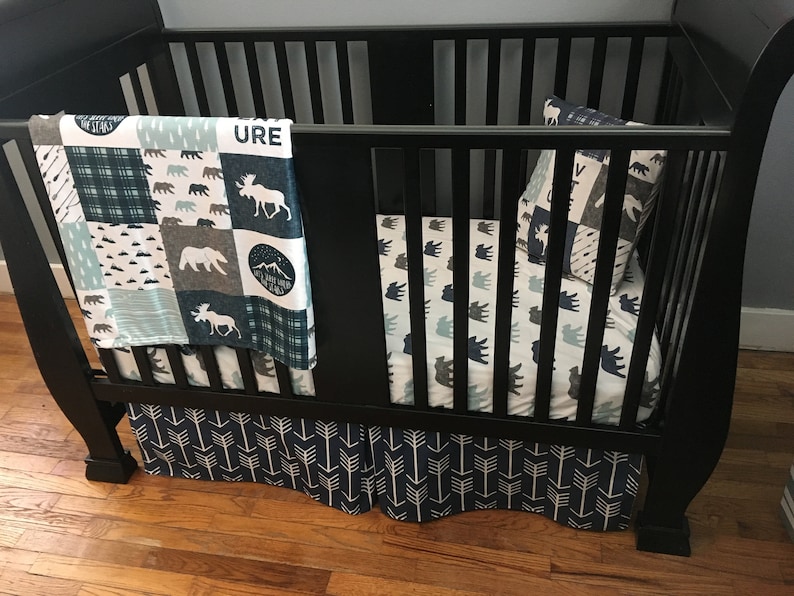 Baby Boy Custom Crib Bedding Set Made To Order Farm Theme Featuring Navy Gray And Dusty Blue Woodland Designs Including Bears Arrows