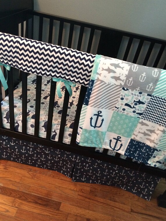 Custom Crib Bedding Set Made To Order Mint Gray Navy Etsy