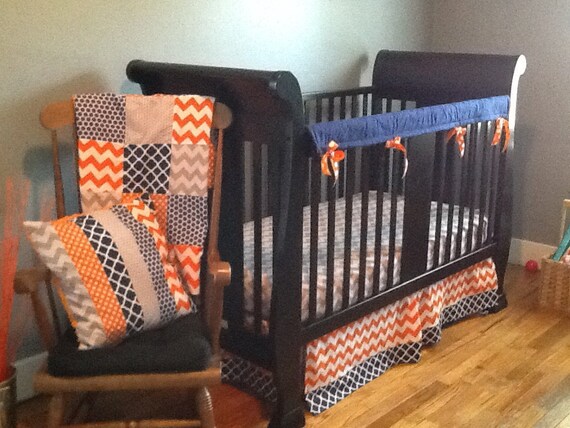 Crib Bedding Set Navy Blue Gray and Orange Crib Skirt | Etsy