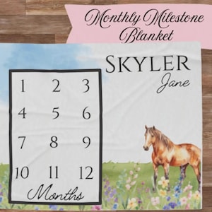 Minky Milestone Blanket, Horse Blanket, Girl Baby Blanket, Month Blanket, Baby Shower Gift, Monthly Growth Blanket, Farm, Wild Flowers