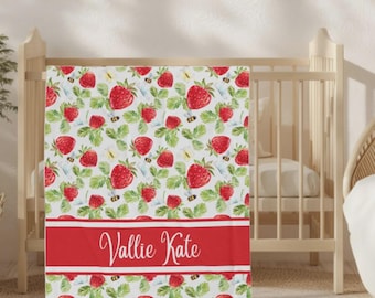 Strawberry Baby Blanket, Baby Girl Blanket, Minky Baby Blanket with Name, Strawberry Nursery,  Baby Shower Gift, Red Berries