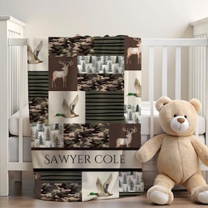 Cobertor personalizado para bebê menino com tema de atividades ao ar livre, camuflagem, veado, patos, cobertor com nome Minky, berçário na floresta, caça, presente de chá de bebê para menino
