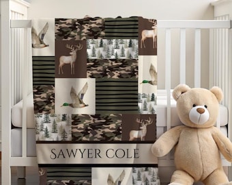 Personalized Baby Boy Blanket with outdoor theme, camo, deer, ducks, Minky Name Blanket, Woodland Nursery, Hunting, Boy Baby Shower Gift