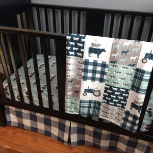 Baby Boy Custom Crib Bedding Set, Made to Order, farm theme featuring navy, mint and gray designs with tractors, farm animals, plaid image 1