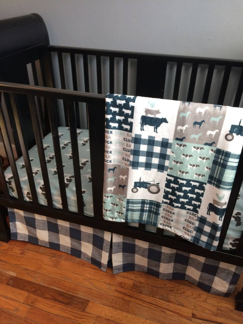 Baby Boy Custom Crib Bedding Set, Made to Order, farm theme featuring navy, mint and gray designs with tractors, farm animals, plaid image 1