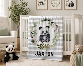 Panda Baby Blanket, Eucalyptus Wreath, Custom Name Minky Blanket