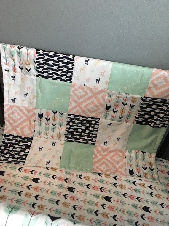 mint and navy with a woodland Aztec theme including arrows and modern fabric swatches deer Custom Made to Order Baby Bedding in pink