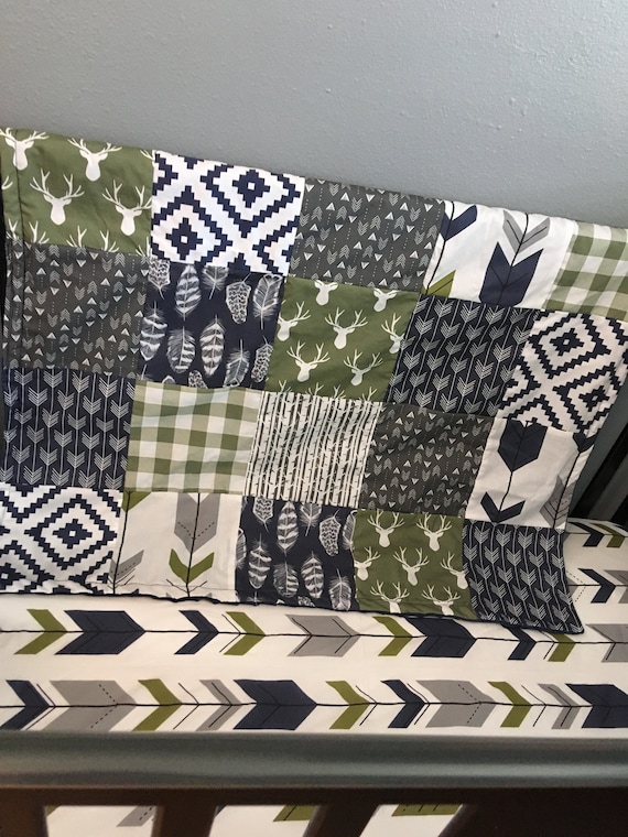 Custom Made to Order Baby Blanket in Navy, Gray and Olive Green