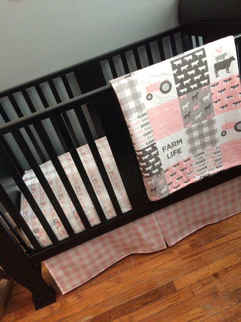 Custom Crib Bedding Set Made To Order Farm Theme Featuring Pink And Gray Designs With Tractors Animals Plaid