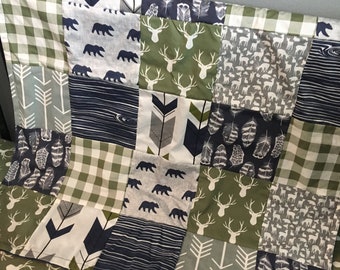 Custom Crib Bedding Set, Made to Order,  gray, navy, white, and olive green, teepees and arrows,crib skirt, sheet, baby blanket