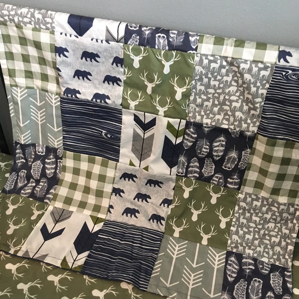 Custom Crib Bedding Set, Made to Order,  gray, navy, white, and olive green, teepees and arrows,crib skirt, sheet, baby blanket