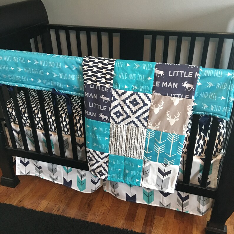 Custom Crib Bedding Set Made To Order Navy Turquoise Gray Modern Aztec Arrows Tee Skirt Sheet Baby Blanket
